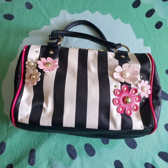 Betsey Johnson Black and White Striped Satchel with Pink Floral Accents - Picture 1 of 16